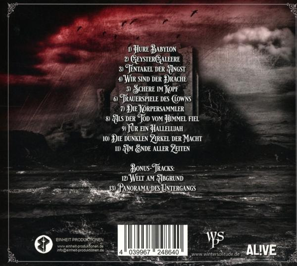 Rückseite einer CD-Hülle mit Titeln auf Deutsch, Burg-Grafik und Logo.