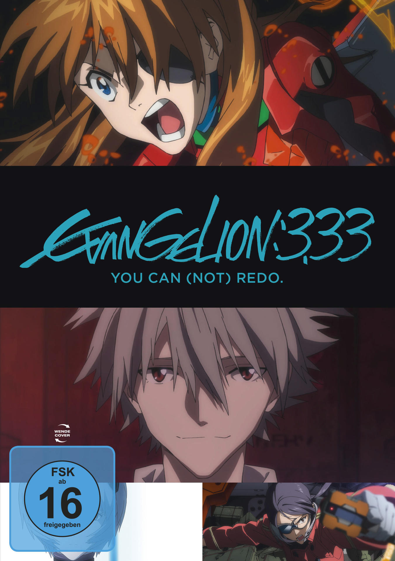 Anime-Filmcover mit drei Charakteren und einem Logo in der Mitte. Der Titel lautet 'Evangelion:3.33'.