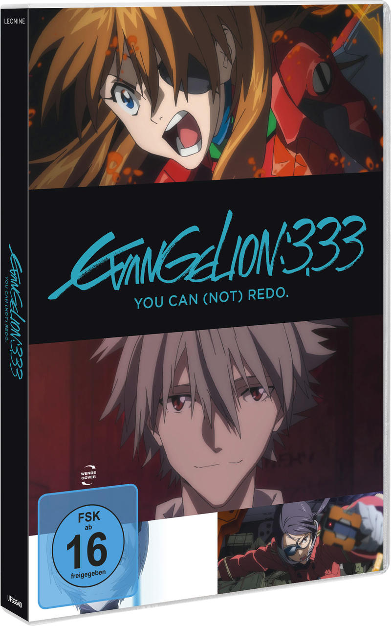DVD-Cover: Anime-Charaktere. Titel: Evangelion: 3.33 You can (not) redo. Blau und Schwarz.