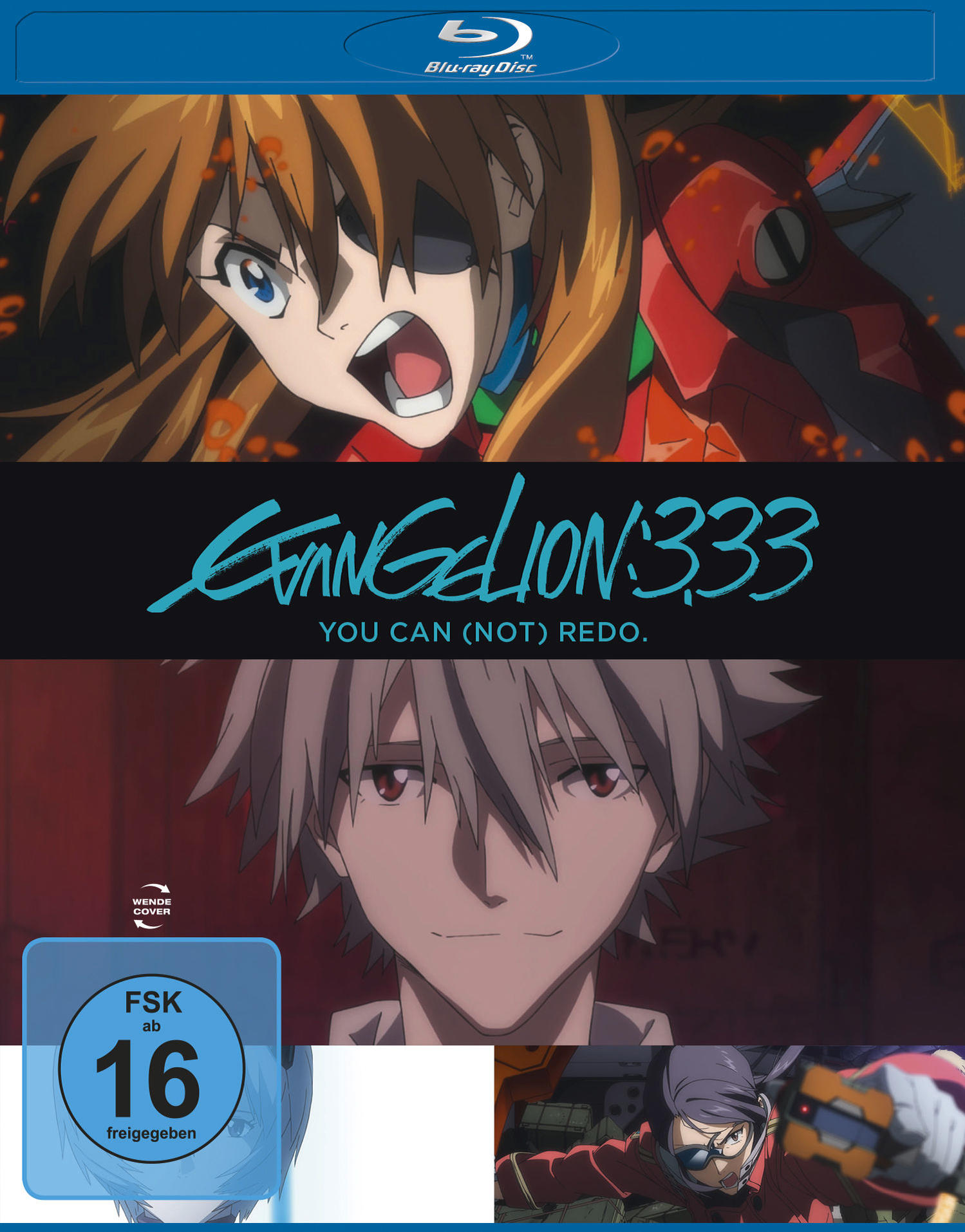 Anime-DVD-Cover für Evangelion: 3.33. Enthält zwei Charaktere und ein Logo. Blu-ray Disc-Label.