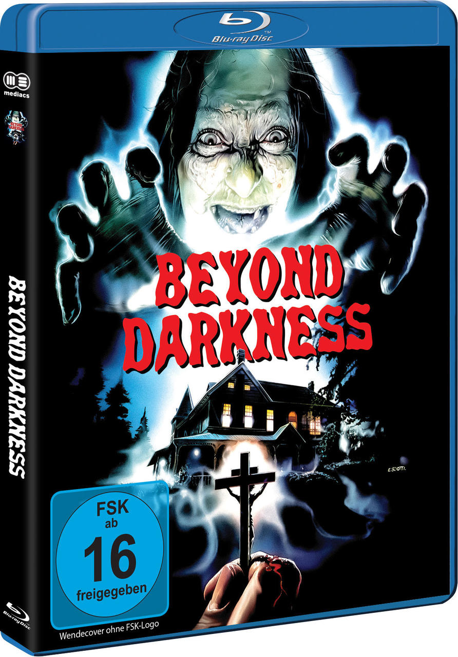 Blu-ray-Cover von 'Beyond Darkness' mit Geistergesicht und Haus im Hintergrund.