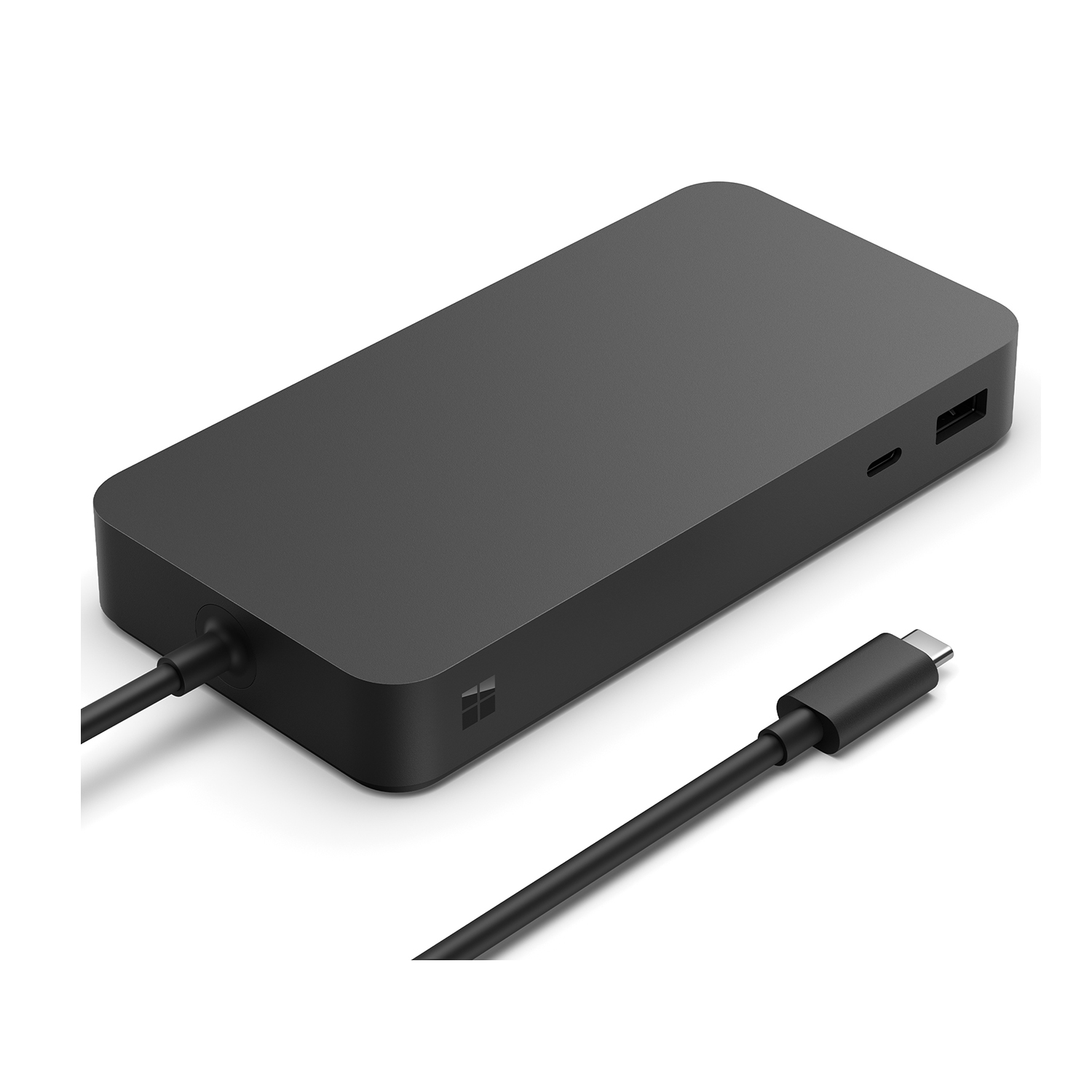 Hub rettangolare nero con cavo collegato e cavo USB-C staccato. Sfondo bianco.