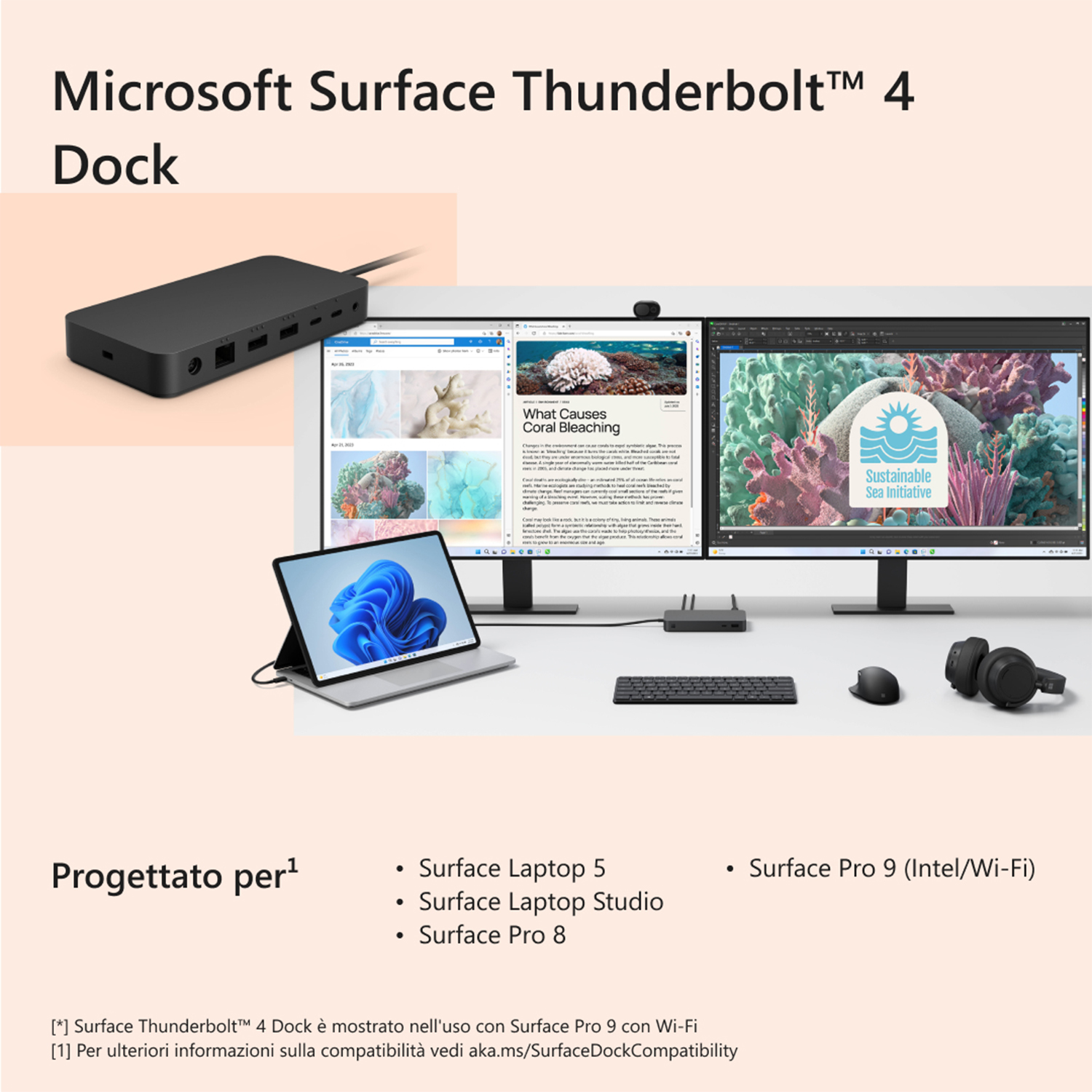 Microsoft Surface Thunderbolt 4 Dock, con laptop, monitor e accessori.