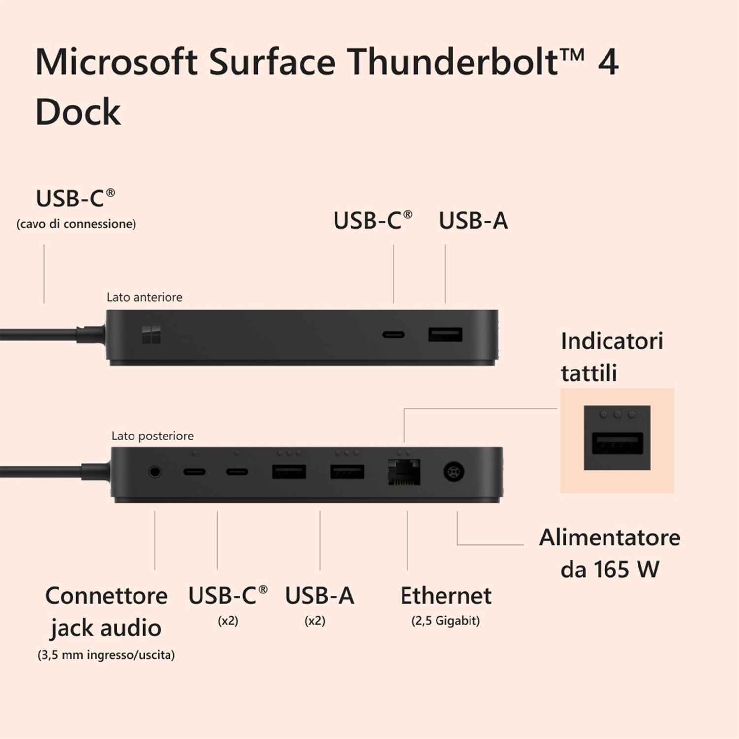 Microsoft Surface Thunderbolt 4 Dock. Dispositivo nero con porte, etichettato in italiano.