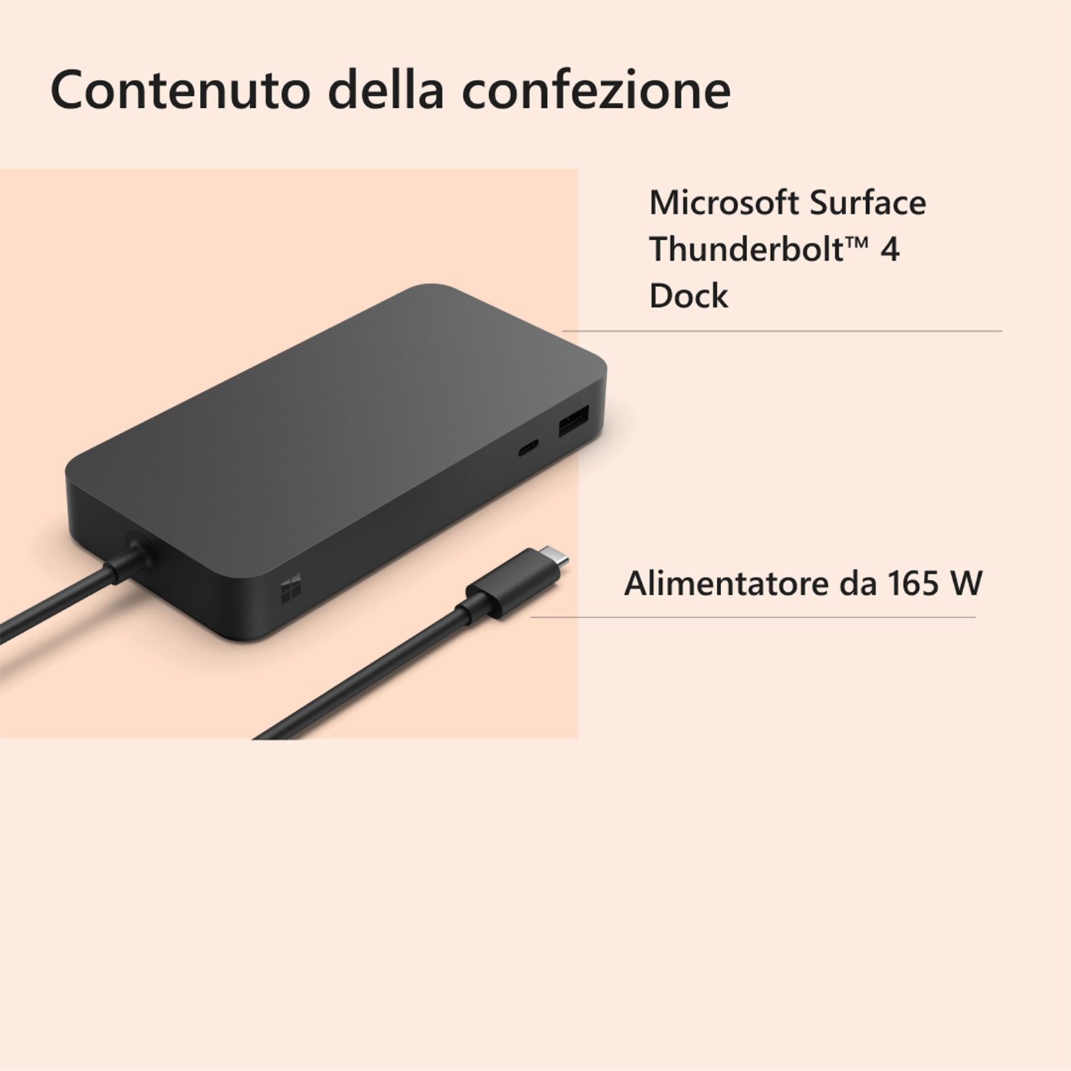 Dock Microsoft Surface nero con adattatore di alimentazione e cavo, testo in italiano.