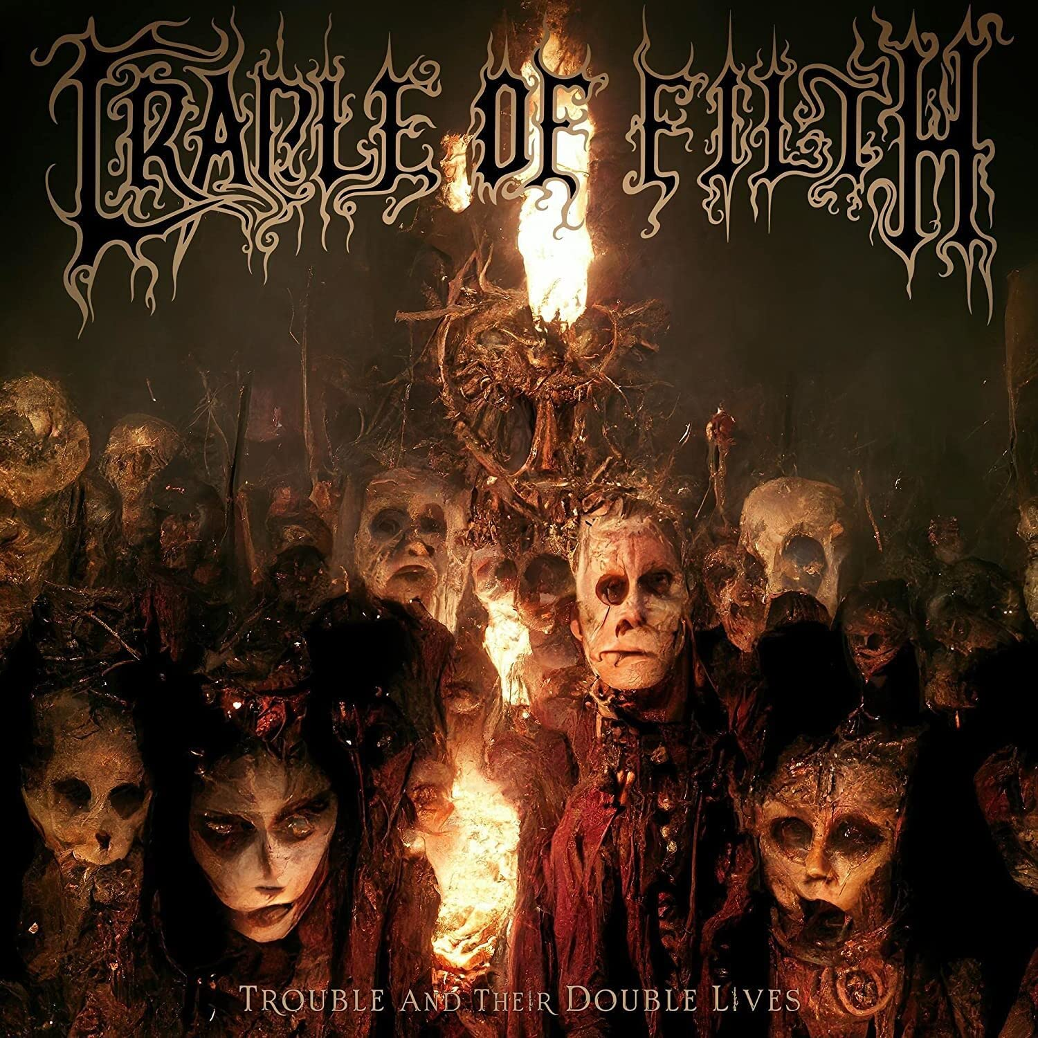 Album borítója groteszk arcokkal és tűzzel. A zenekar neve "Cradle of Filth", az albumé pedig "Trouble and Their Double Lives".