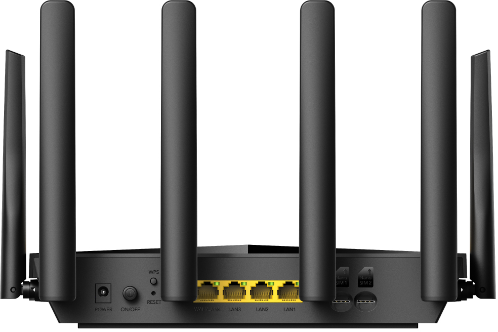 Fekete router 6 antennával, portokkal és gombokkal. Elöl láthatók a bekapcsoló és reset gombok.
