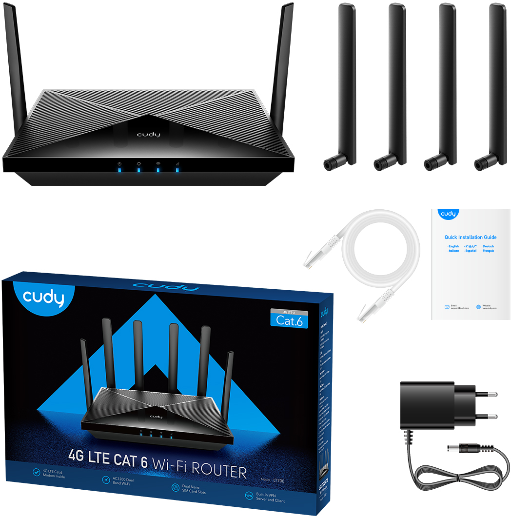 Router antennákkal, ethernet kábelekkel és tápegységgel, plusz egy dobozzal.