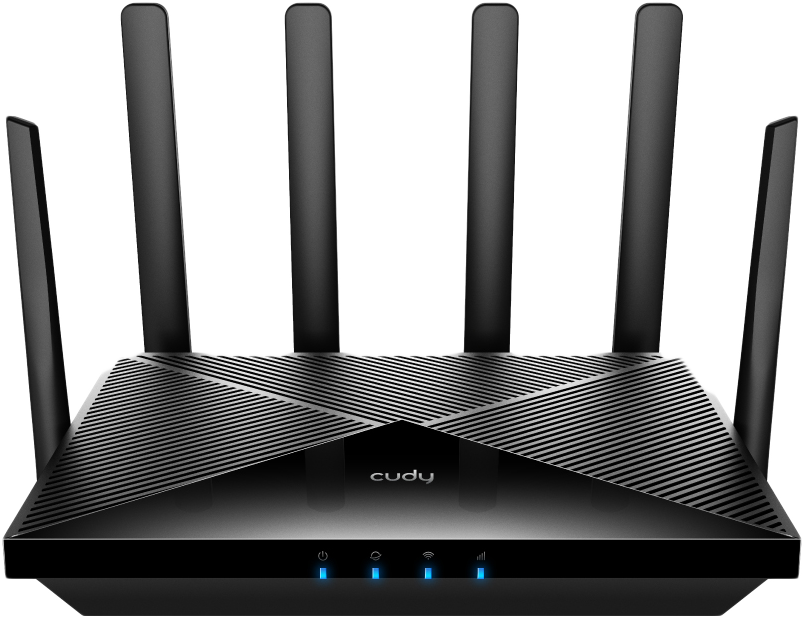 Fekete router antennákkal. Négy külső antennája és kék jelzőfényei vannak.