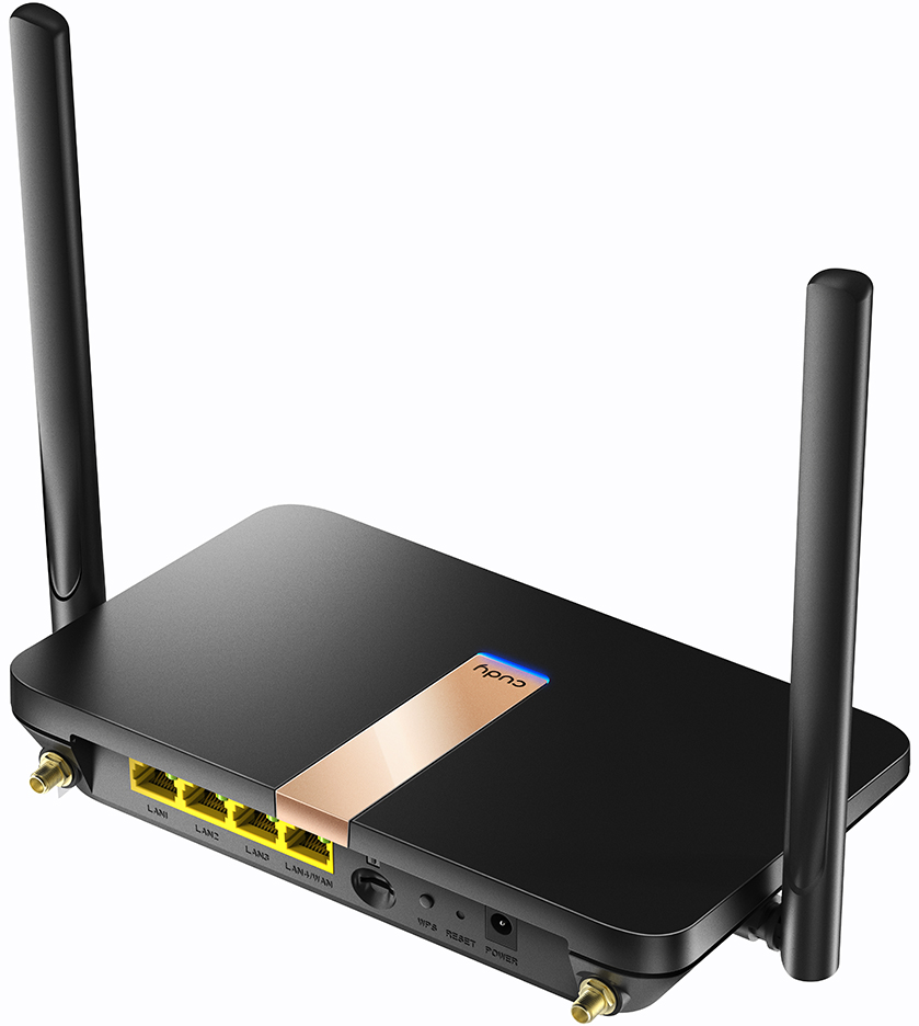 Fekete-arany router két antennával. Több LAN port.