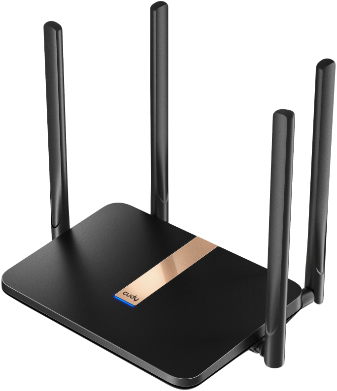 Fekete Cudy Wi-Fi router antennákkal, arany díszítéssel és kék fénnyel.