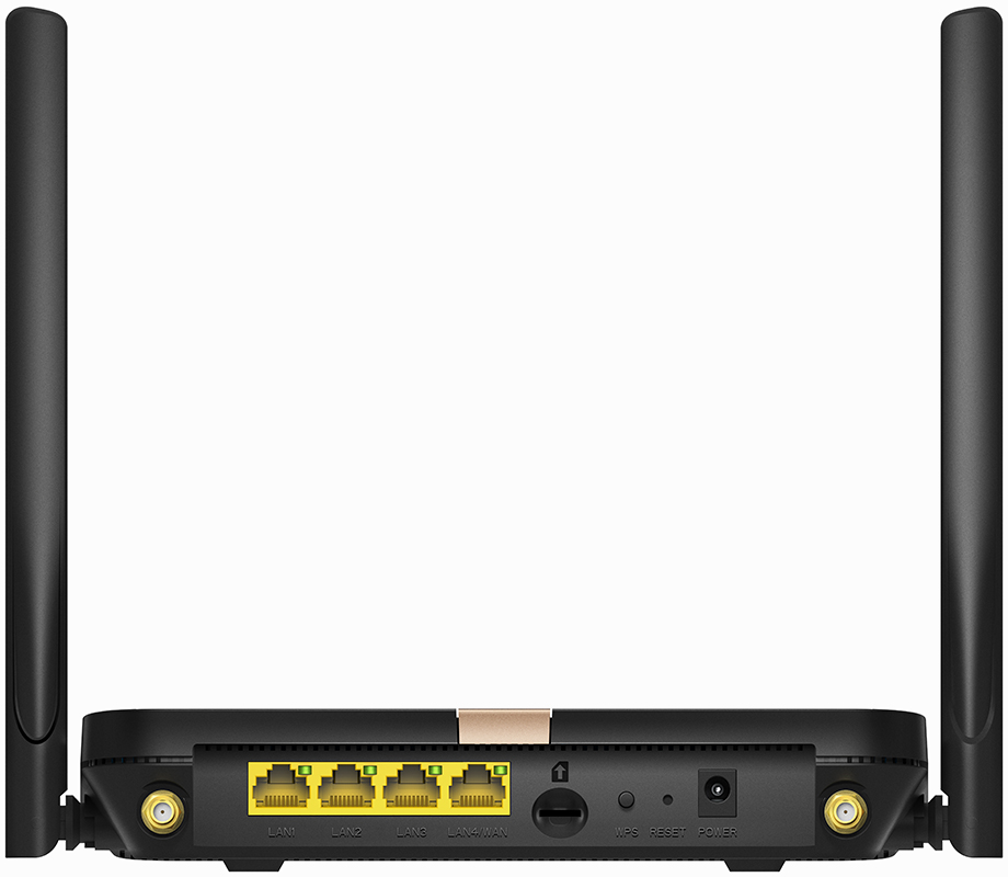 Egy fekete router két antennával, több porttal és gombbal.