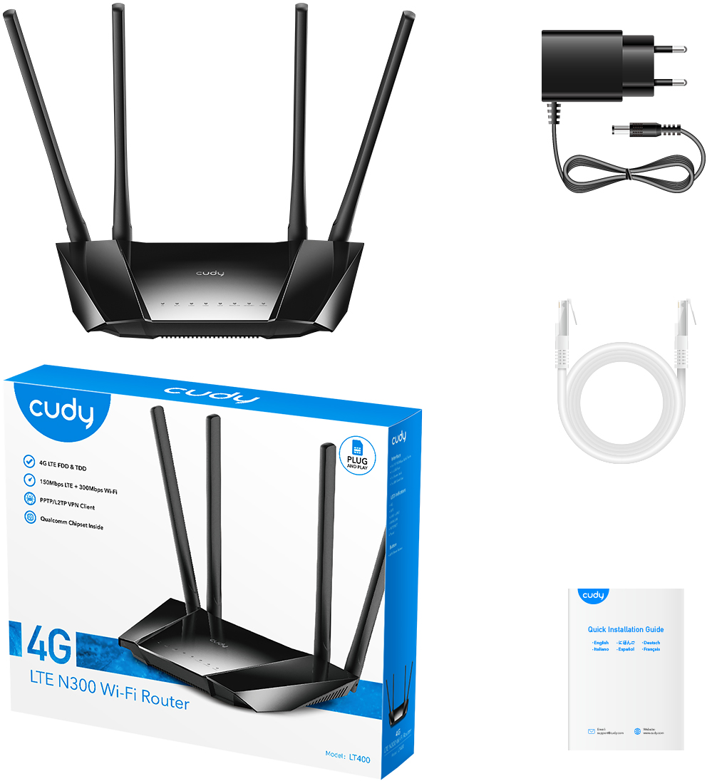 Fekete router antennákkal. Tartozékok: hálózati adapter, ethernet kábel, gyors útmutató.
