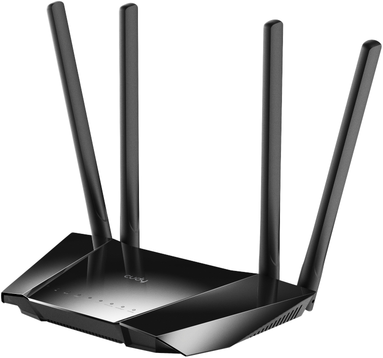 Fekete router négy antennával. A 'cudy' márkanév látható.