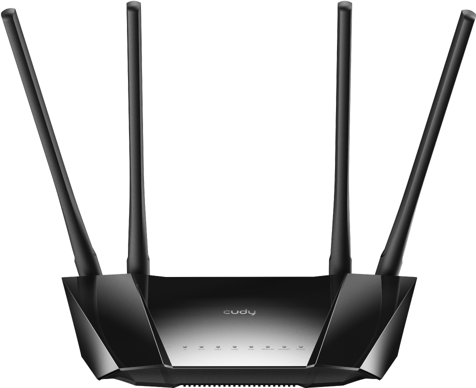 Egy fekete Cudy router négy antennával.