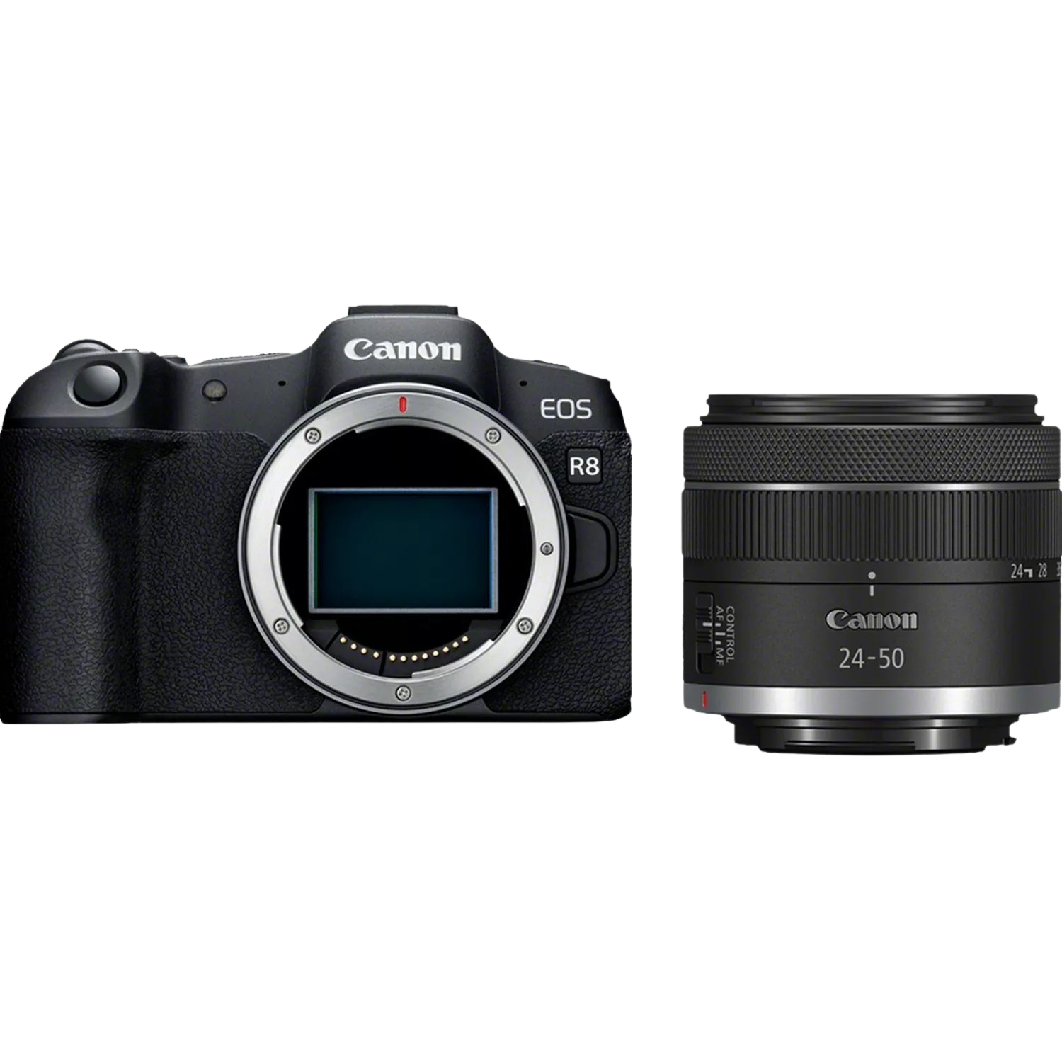 Appareil photo Canon EOS R8 noir et objectif sur fond noir. L'objectif est Canon 24-50mm.