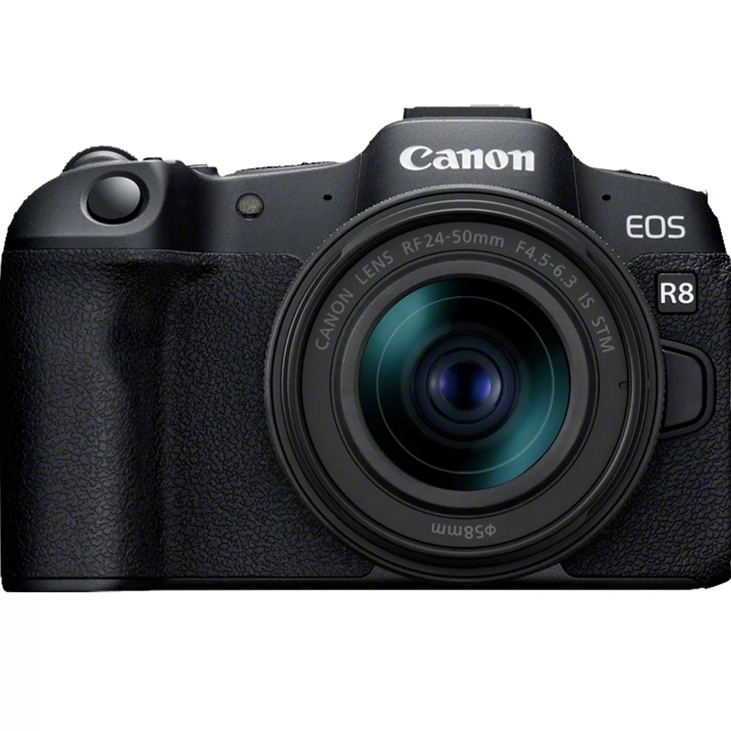 Appareil photo Canon EOS R8 noir, objectif face à l'avant sur fond blanc.