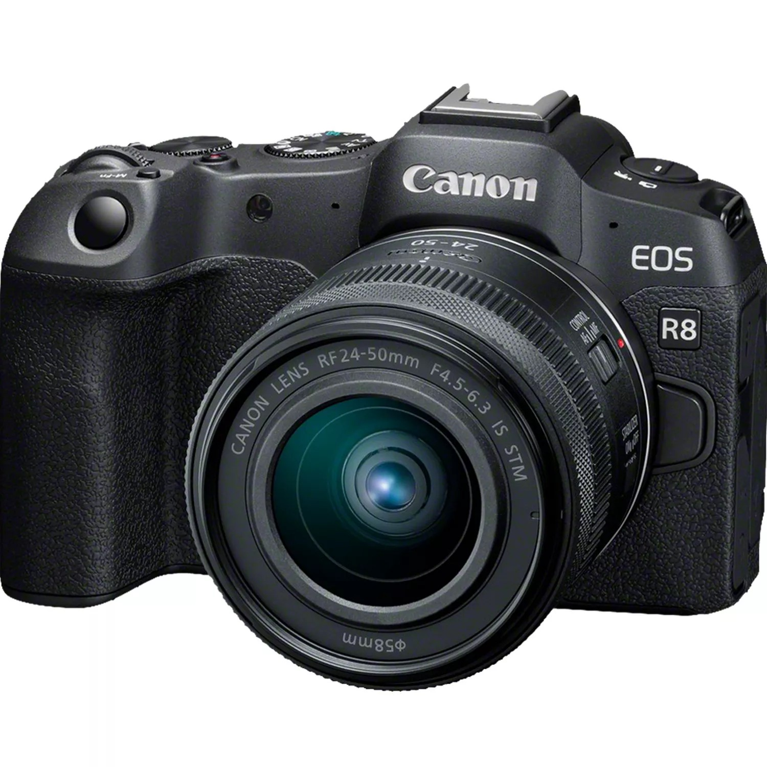 Appareil photo Canon EOS R8 noir avec un objectif. L'objectif est centré sur le corps.