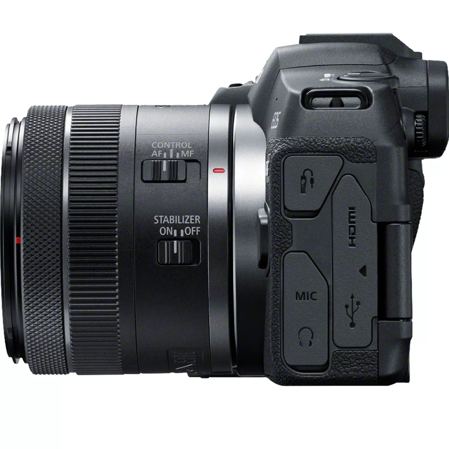 Un appareil photo Canon noir avec un objectif, des boutons de contrôle et un stabilisateur.