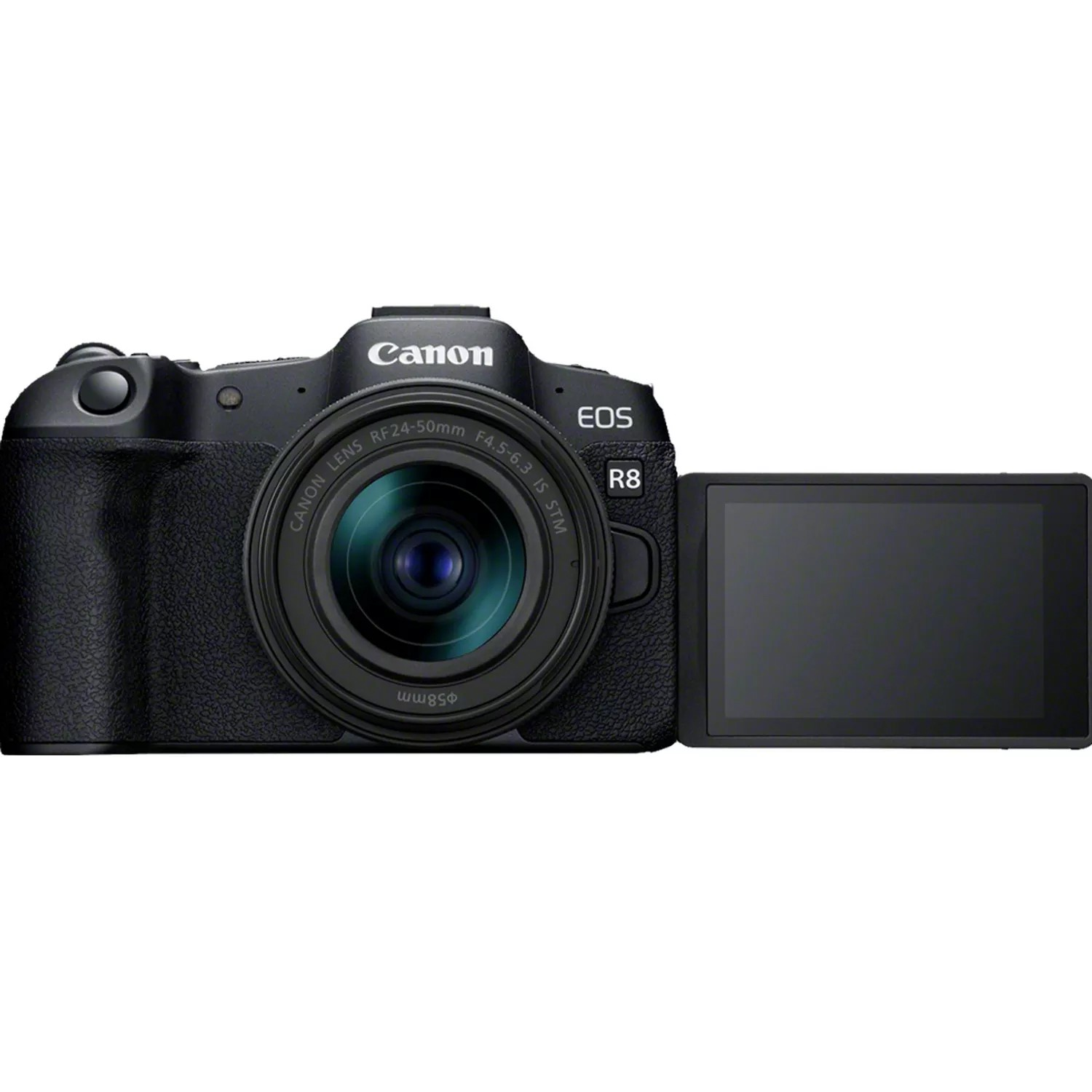 Appareil photo Canon EOS R8 noir avec objectif et écran rabattable.