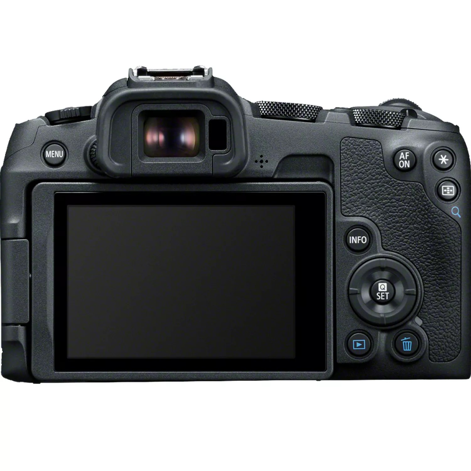 Vue arrière d'un appareil photo Canon noir montrant les boutons, l'écran et le viseur. L'objectif n'est pas fixé.