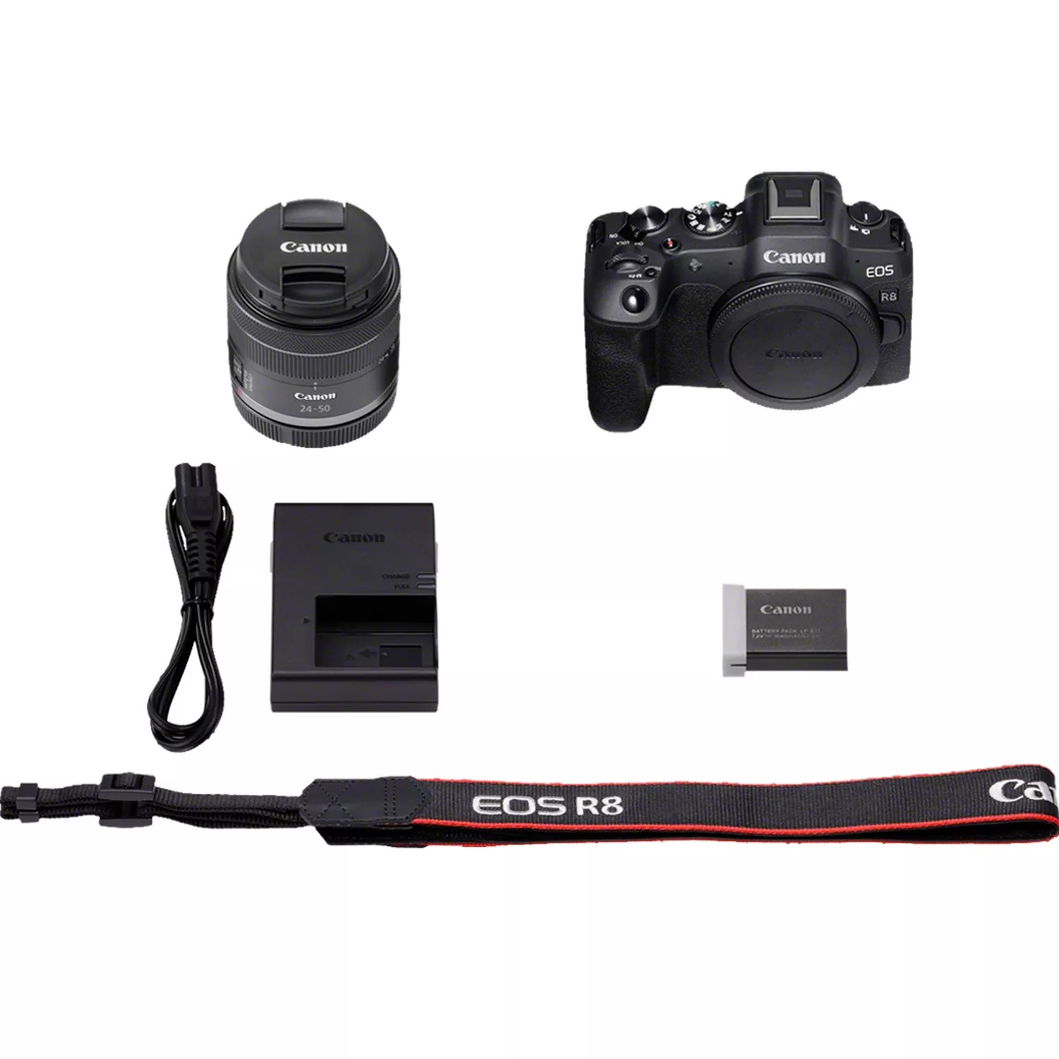 Appareil photo Canon EOS R8, objectif, chargeur, batterie, sangle et autres accessoires.