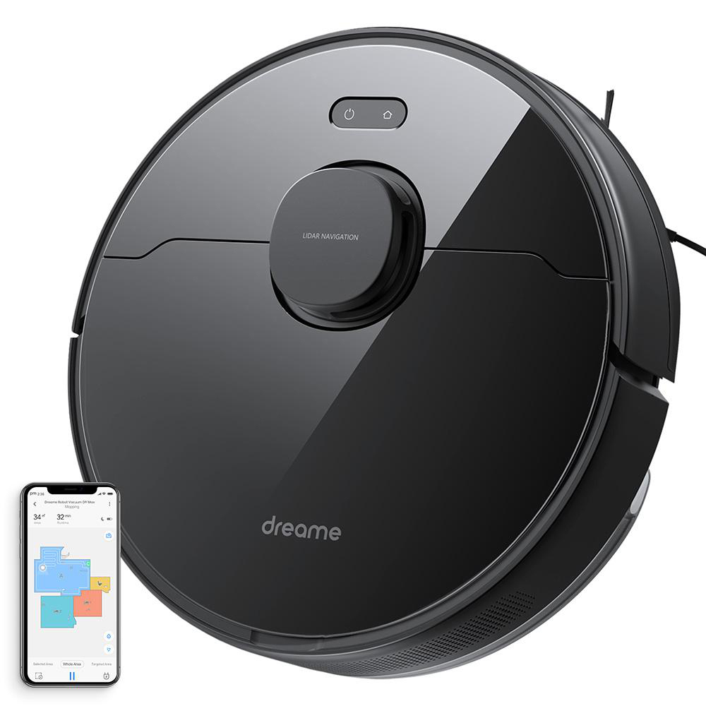 Schwarzer Roboter-Staubsauger und ein Smartphone mit einer Karten-App-Oberfläche.
