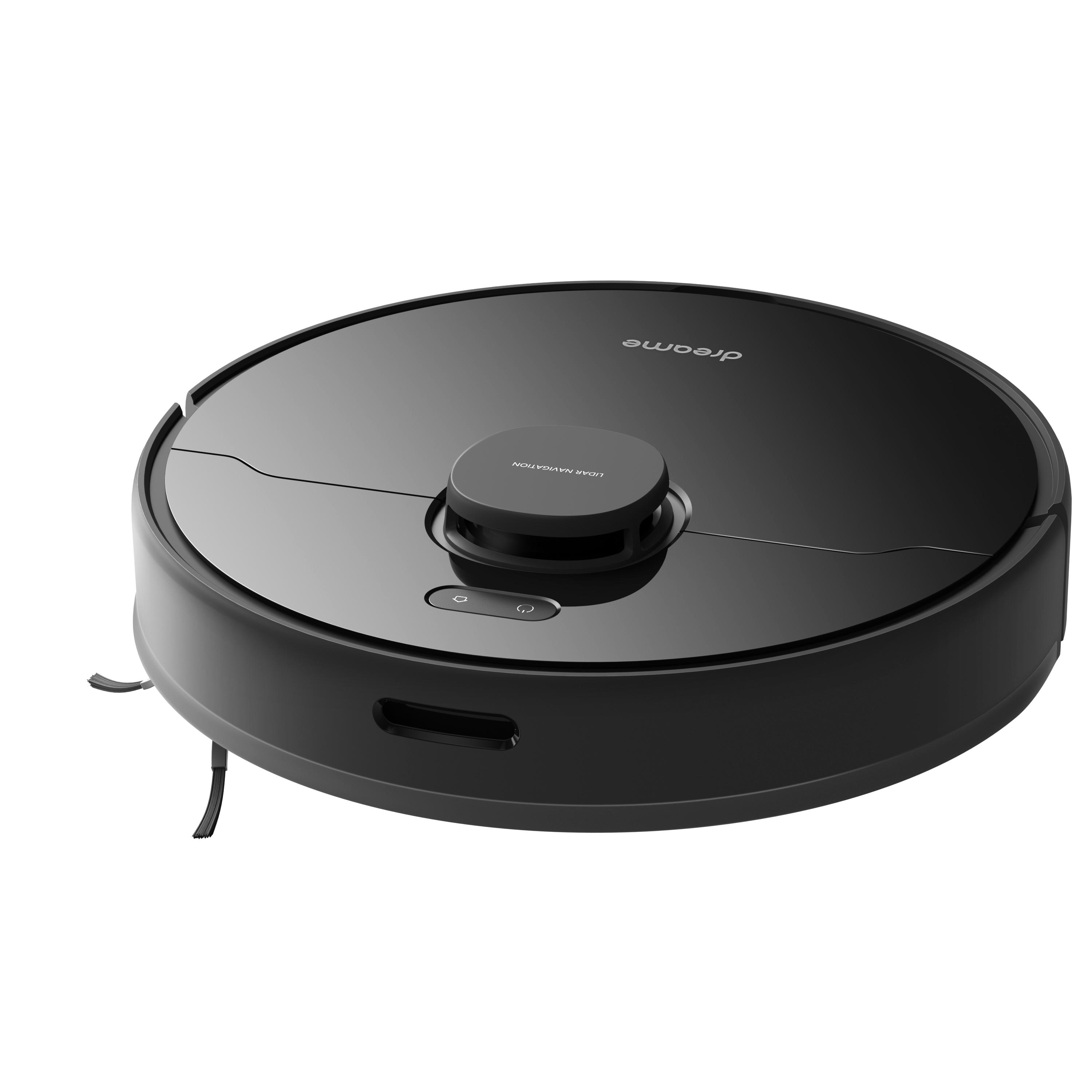Schwarzer Roboter-Staubsauger. Er ist rund mit einer zentralen Scheibe. Er hat eine kleine Bürste an der Seite.