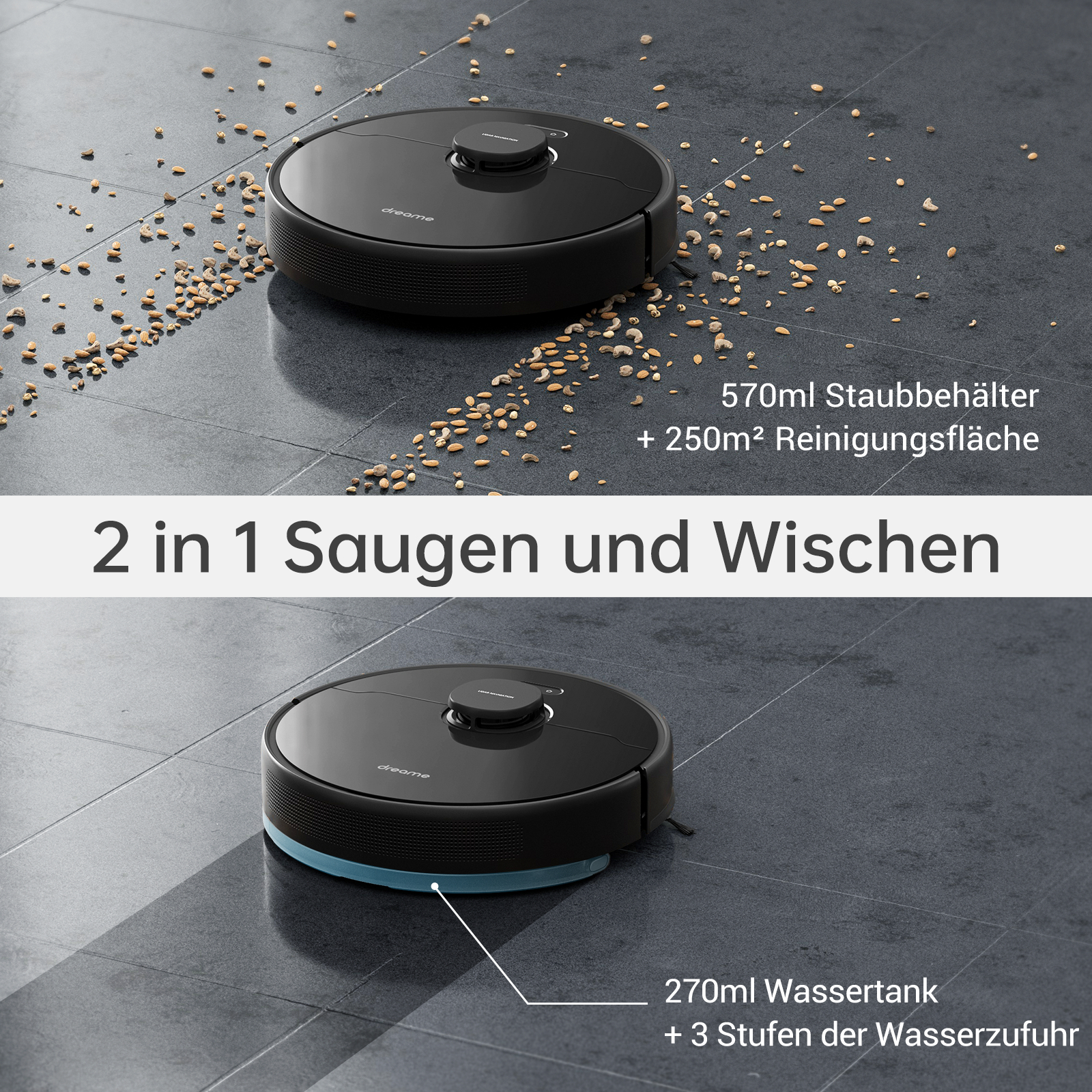 Zwei Roboter-Staubsauger, der obere zeigt das Staubfach und der untere den Wassertank.