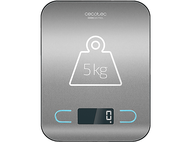 Balanza de cocina - Cecotec CookControl, Alta precisión, Peso máximo 5 kg, Antihuellas, Pantalla LCD, Acero inoxidable, Plateado