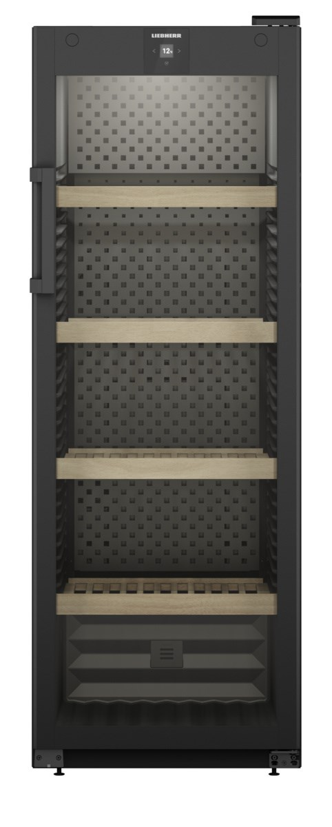 Liebherr Weinkühler, schwarz, Gesamtansicht, Glastür, Holzregale.
