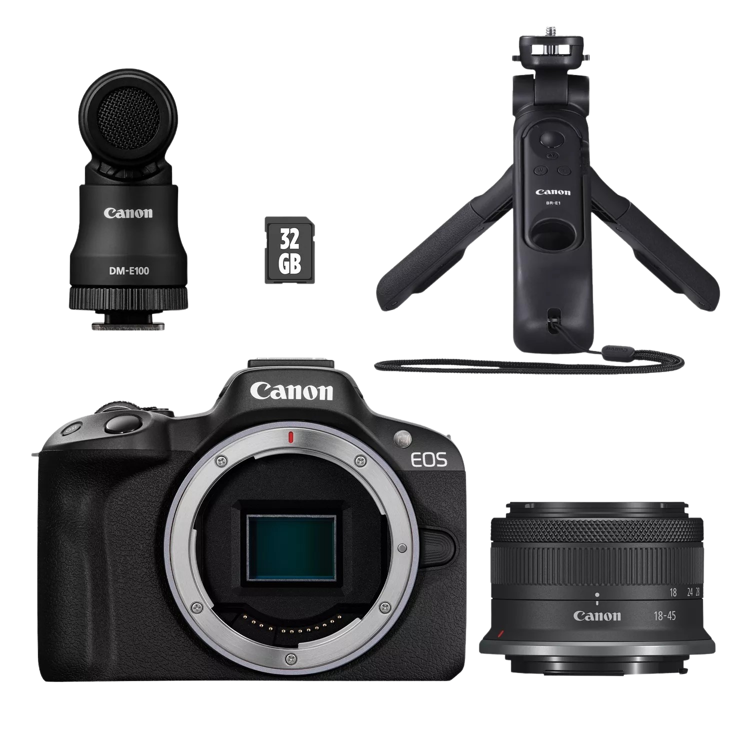 Camerakit: Camera, lens, microfoon, statief en geheugenkaart op een witte achtergrond.