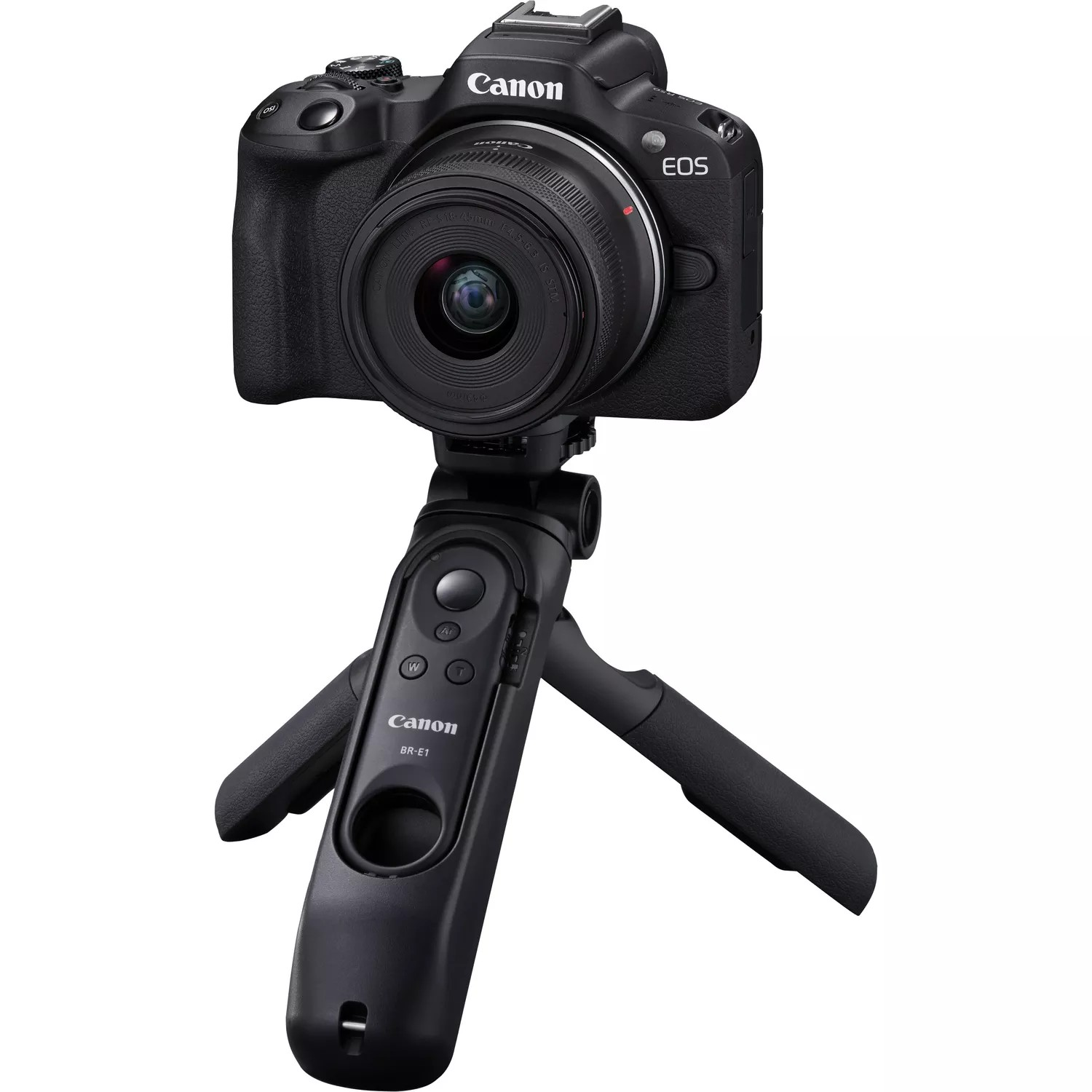 Een zwarte Canon EOS camera op een statief met een afstandsbediening.