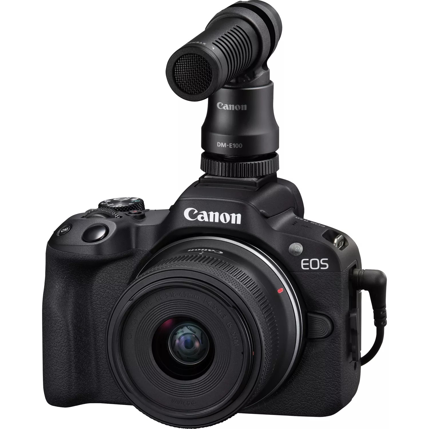 Zwarte Canon camera met een microfoon, lens en externe kabels.