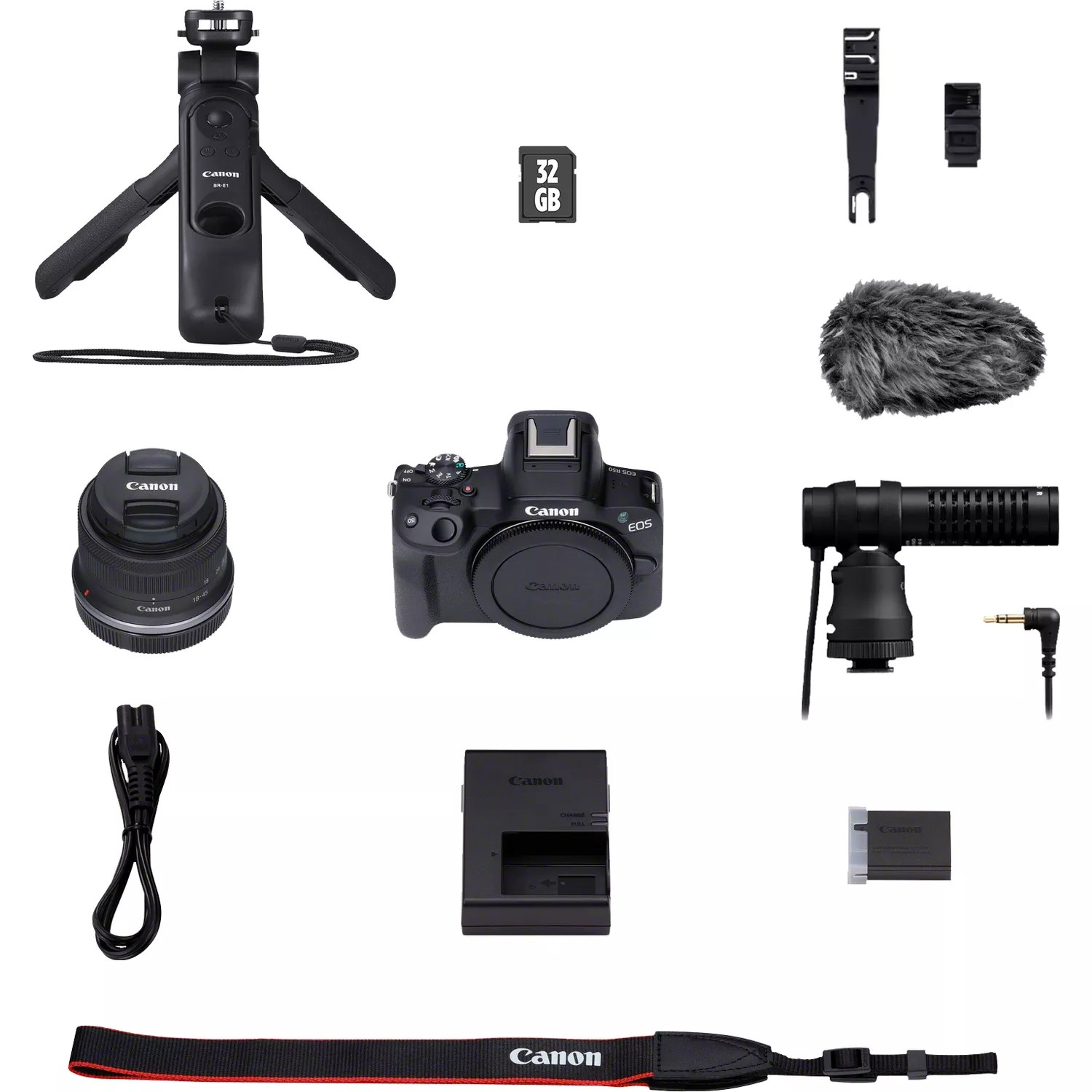 Een verzameling Canon camera-apparatuur, waaronder een camera, lens en accessoires.