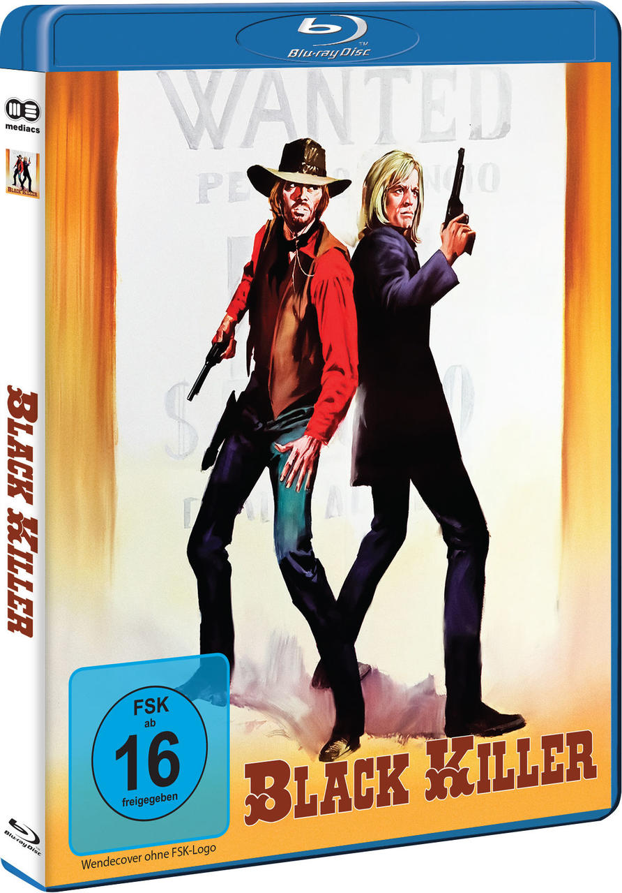 DVD-Hülle für den Film "Black Killer". Zeigt zwei Männer mit Waffen auf gelbem und weißem Hintergrund.