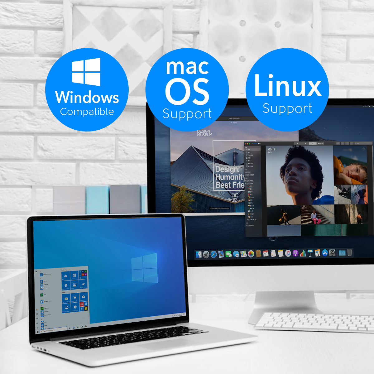 Egy laptop és egy asztali számítógép Windows, Mac OS és Linux támogatási logókkal fehér felületen.