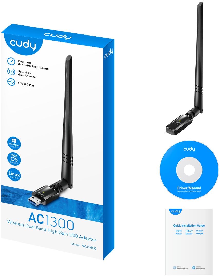 Vezeték nélküli USB-adapter, doboz és CD. Az adapter fekete antennával. A doboz kék és fehér.