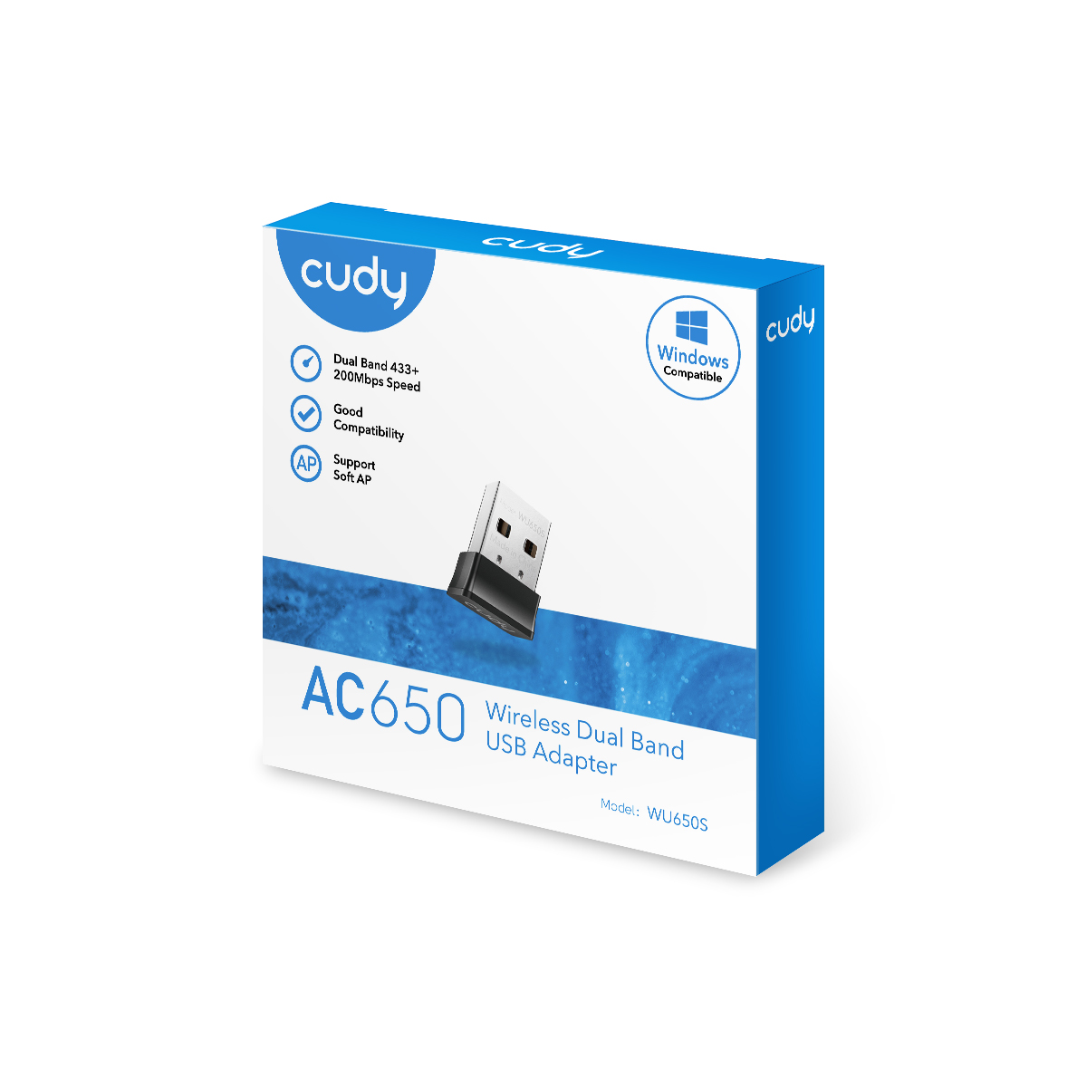 Egy fehér és kék doboz egy Cudy AC650 vezeték nélküli dual band USB adapterhez.