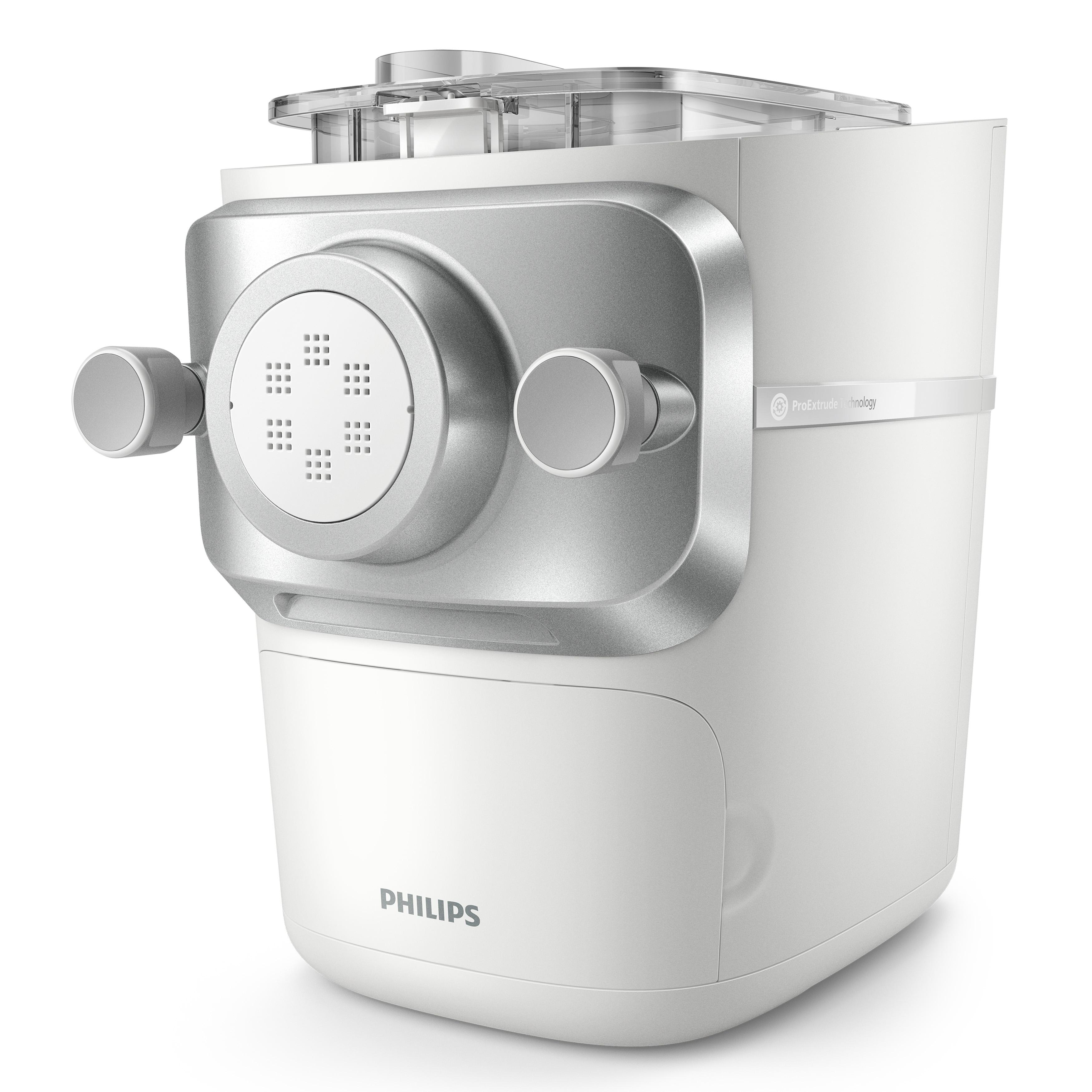 Eine weiße und silberne Pastamaschine. Die Marke ist Philips.