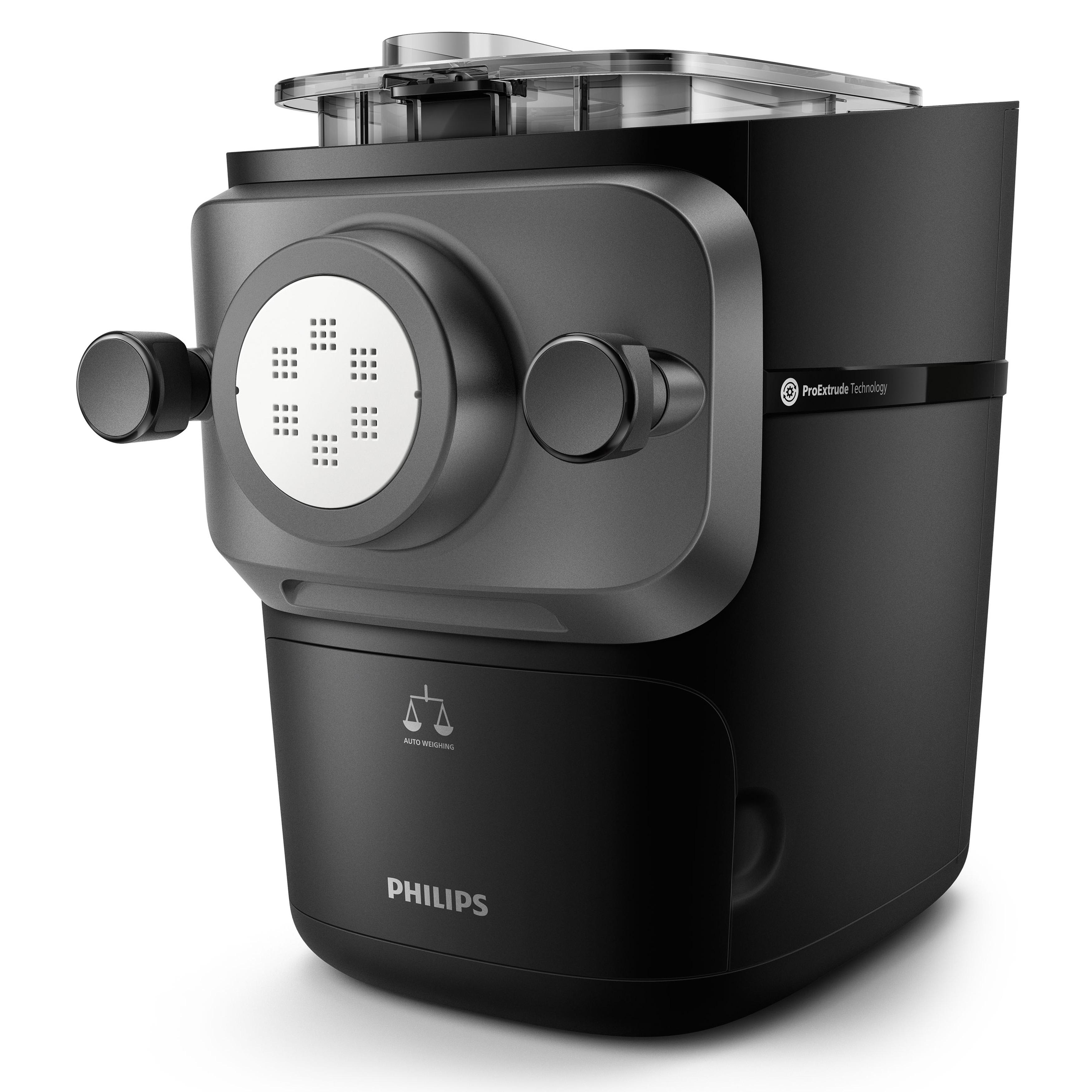 Schwarze Nudelmaschine mit ProExtrude-Technologie, Marke Philips, weißer Hintergrund.