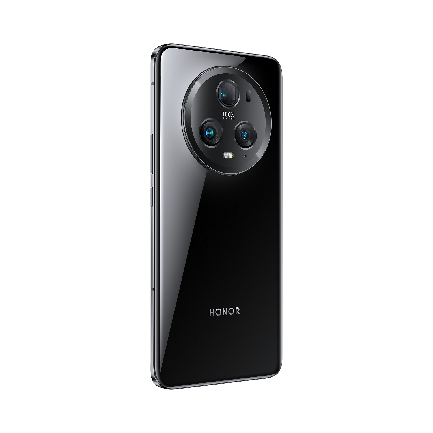 Schwarze Smartphone-Rückseite mit drei Kameras, dem Wort 100x und dem Namen HONOR.