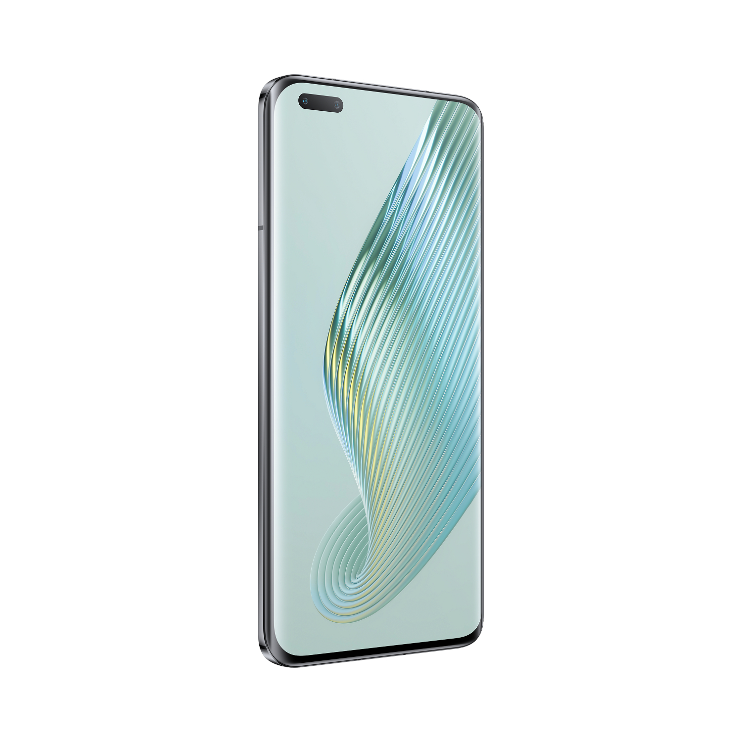 Ein Smartphone in hellgrüner Farbe mit einem gebogenen Bildschirm und einem schwarzen Rahmen.