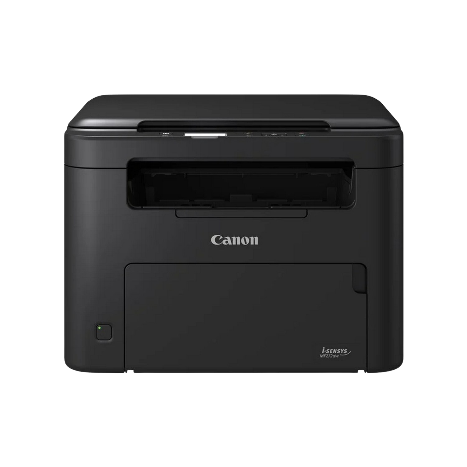 Zwarte Canon printer met het Canon logo. Het heeft een flatbed scanner en een papierlade.