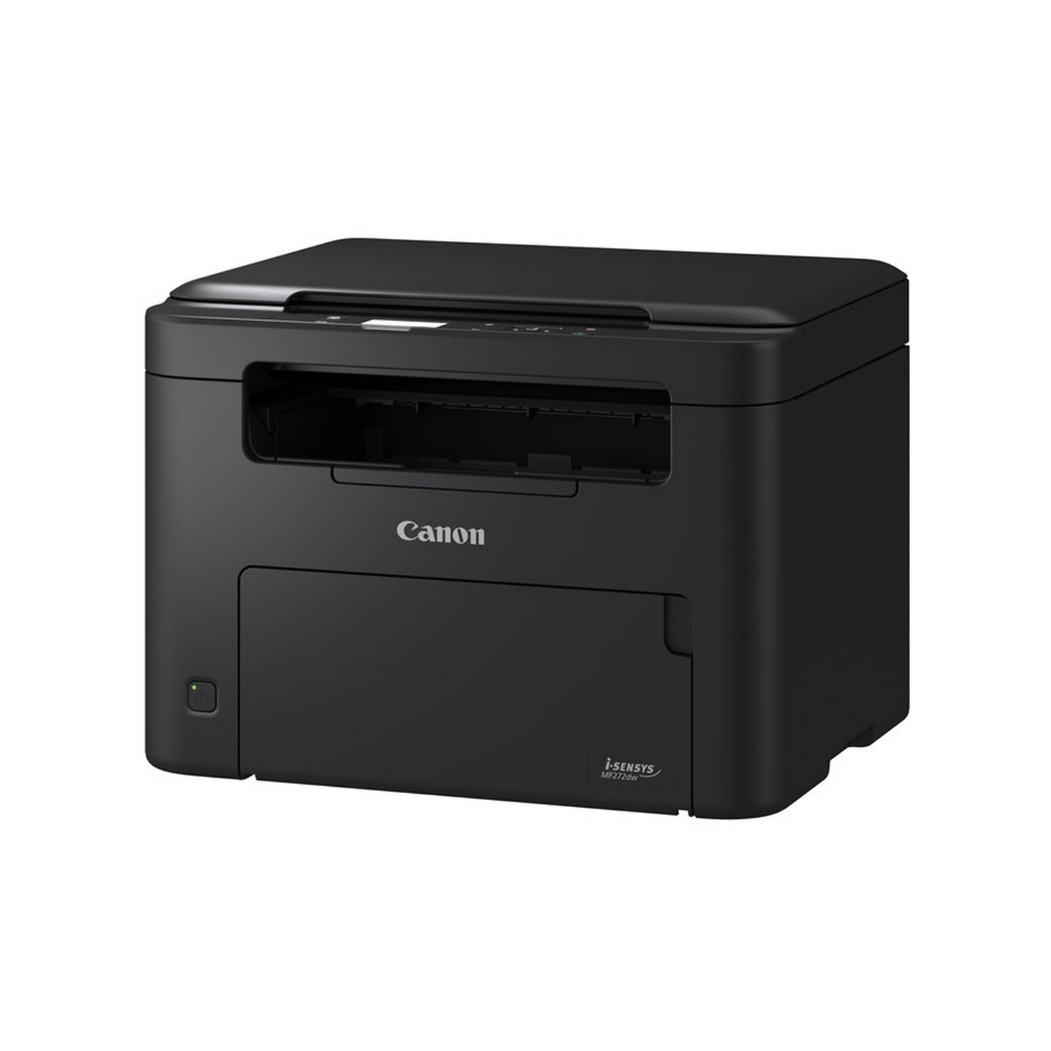 Black Canon printer. Flat top with paper output, and a lower paper tray. Canon logo is in the middle.