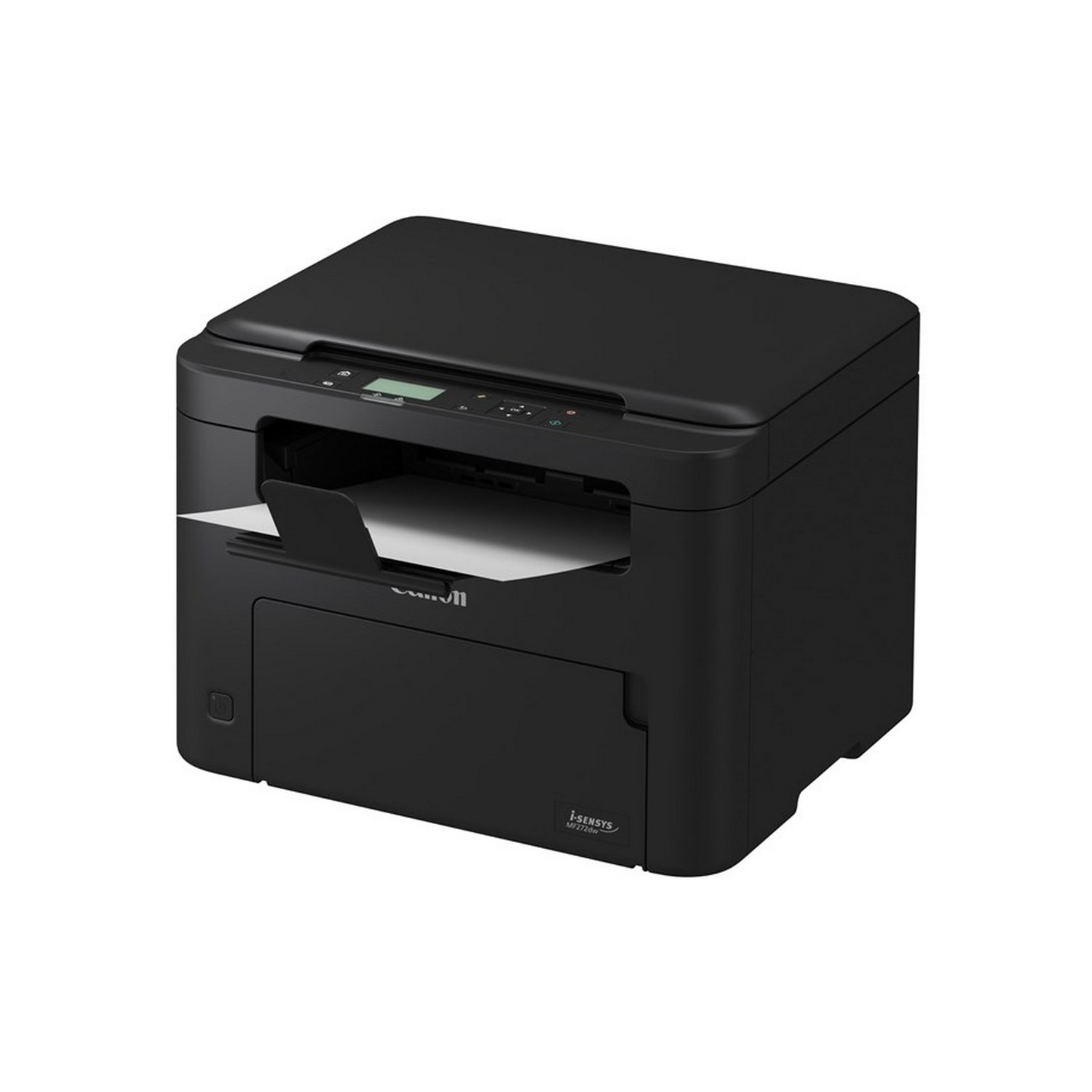 Black printer with a paper output tray and a small control panel on top.