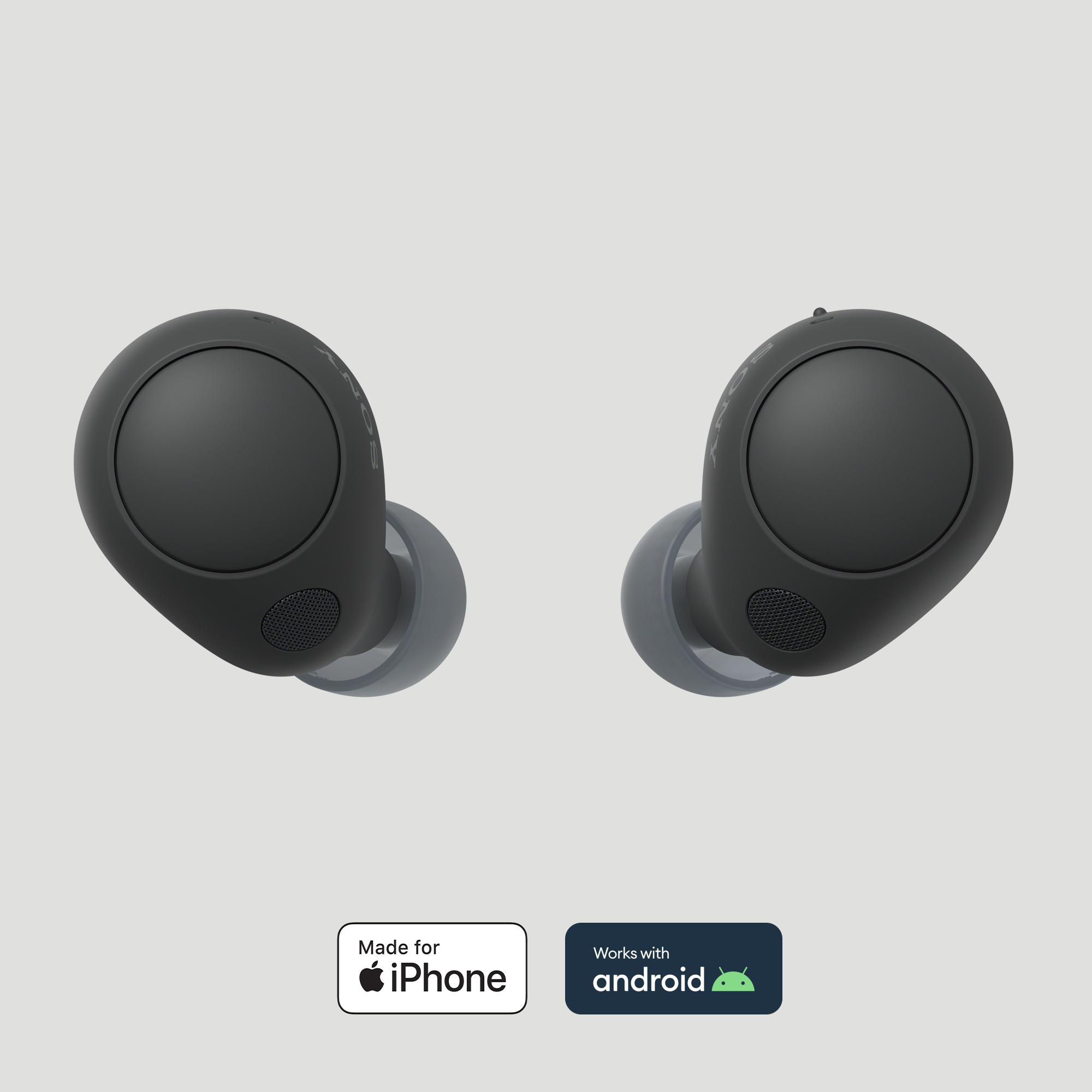 Zwei schwarze kabellose Ohrhörer. Jeder hat eine abgerundete Form. Made for iPhone und Android-Logo.