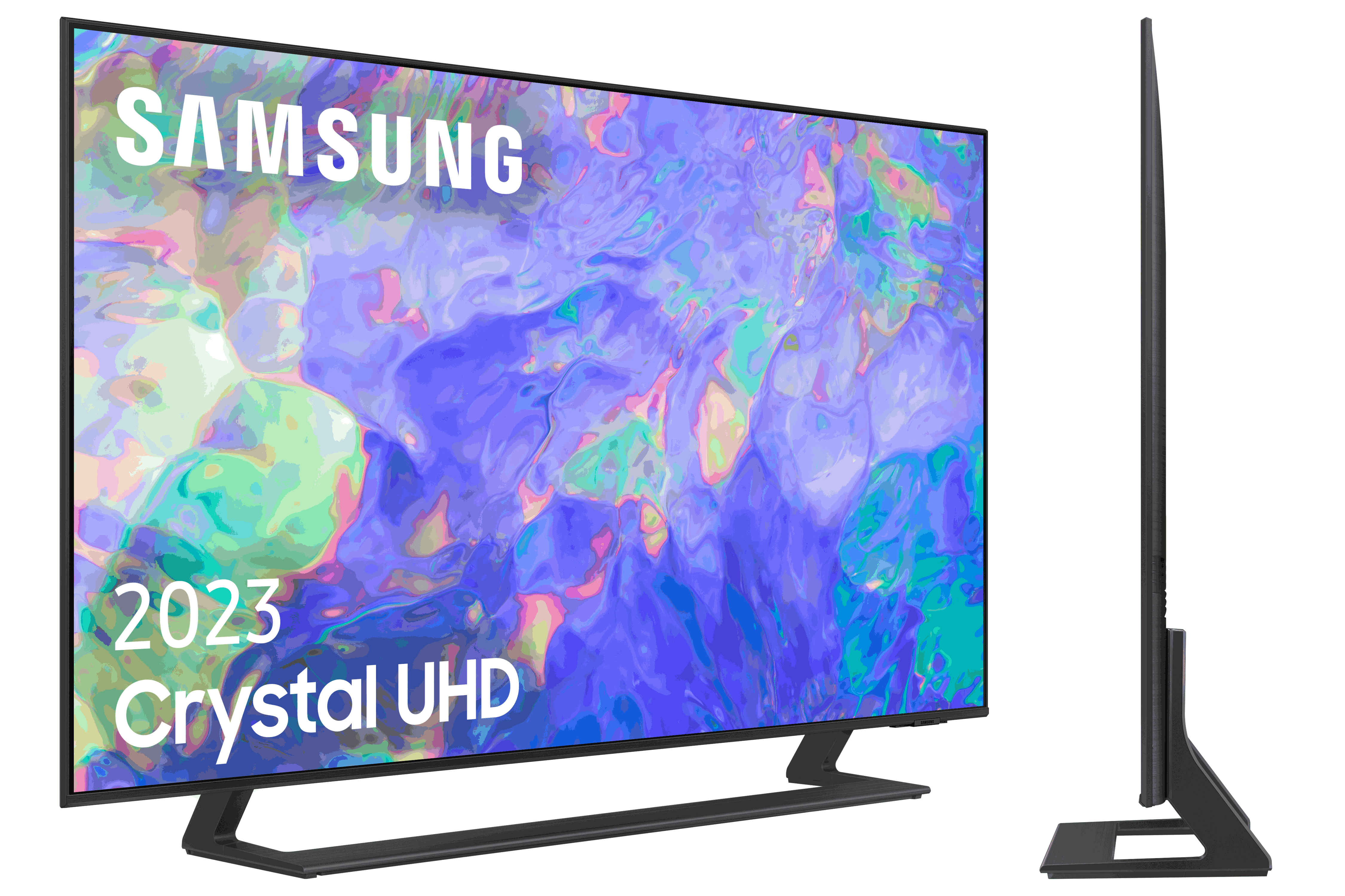 Un televisor de pantalla plana grande con el logotipo de Samsung. También se muestra una vista lateral. El fondo es oscuro.