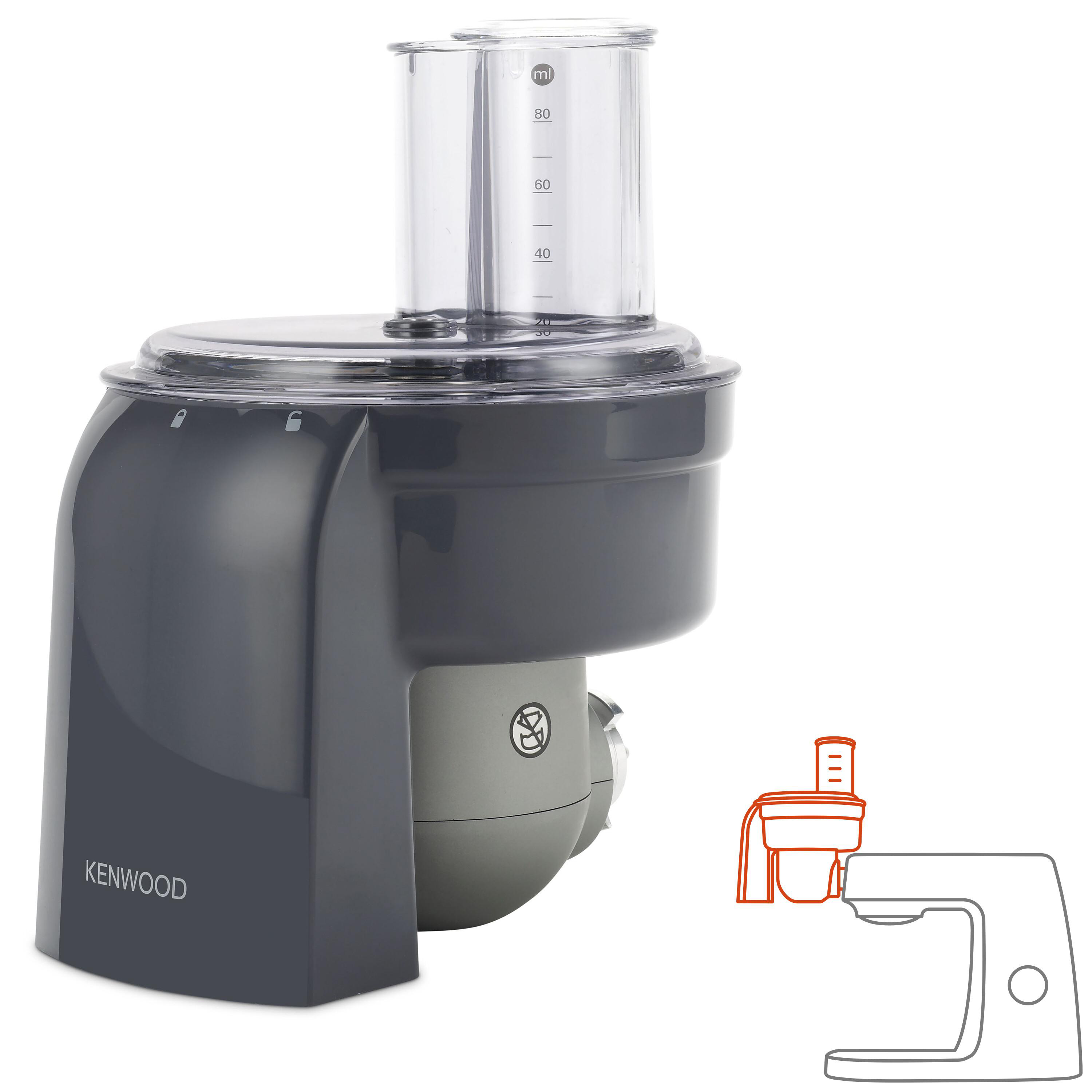 Ein grauer Kenwood-Küchenmixer mit Messbecher und einer schematischen Darstellung.