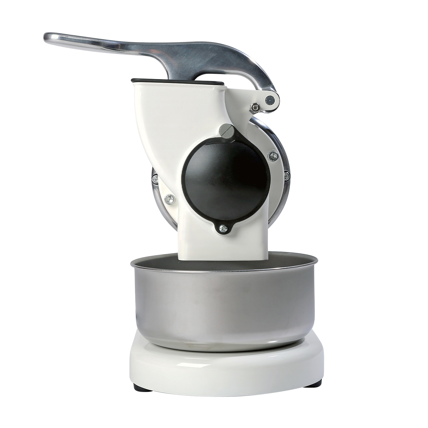 Un robot da cucina bianco e metallico con manico e ciotola, su sfondo bianco.